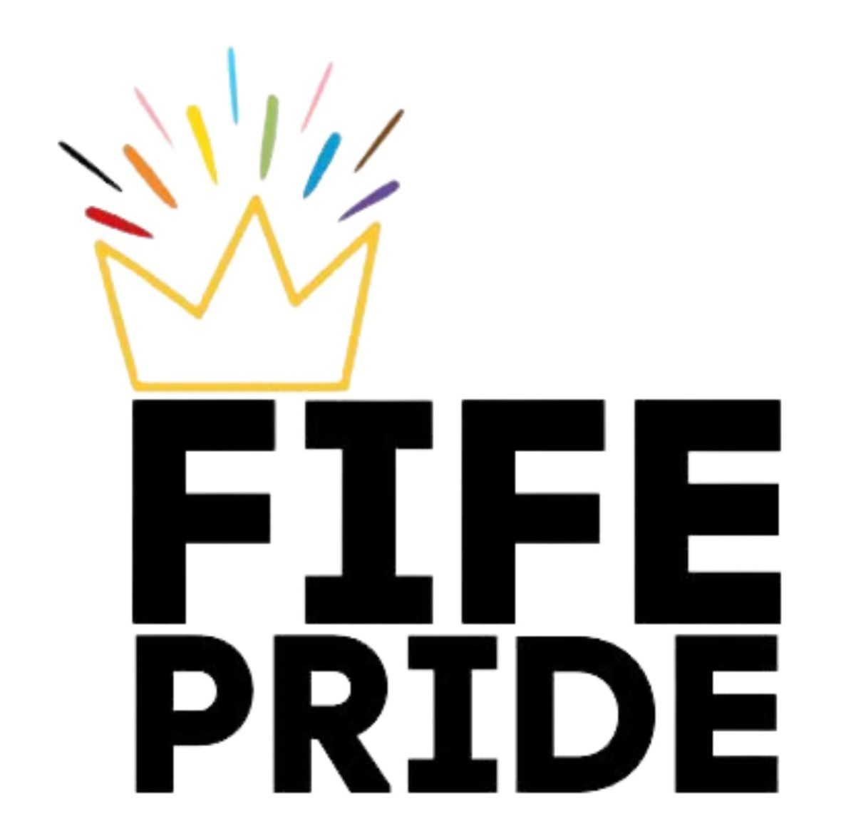 Fife Pride Logo. The words "Fife Pride" with a golden crown and "firework" colours coming out the crown. The colours represent the full diversity of pride.